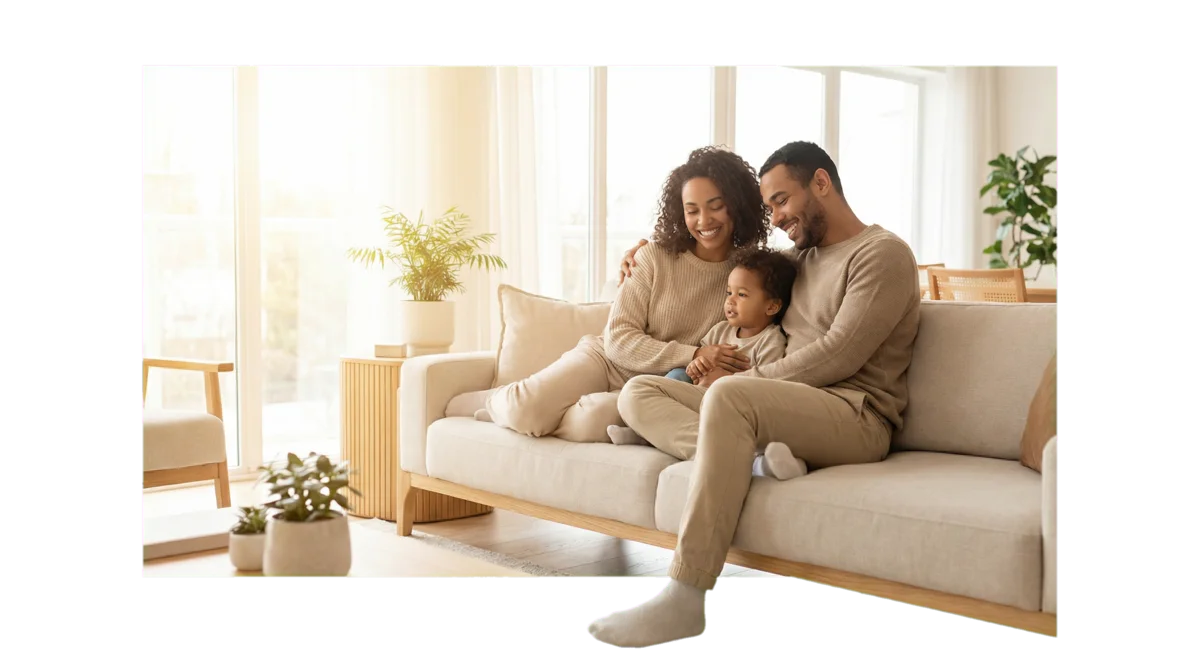 Família feliz na sala de estar